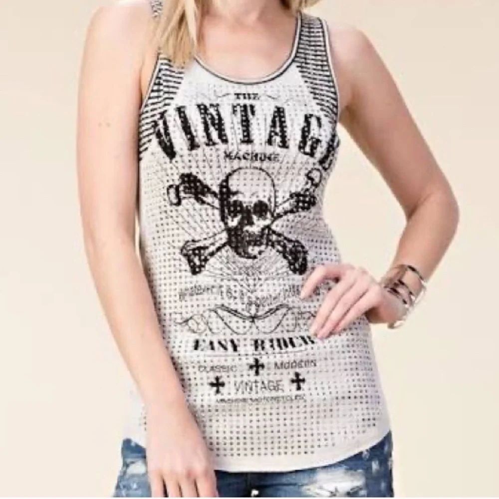 Voice of California Vintage Skull Graphic Tank Top Striped Biker Grunge Y2K